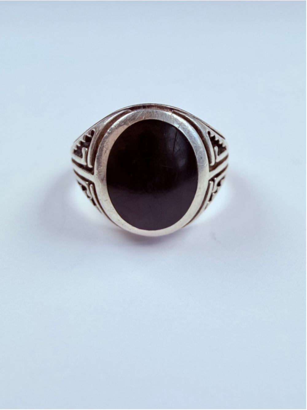 Southwestern Black Onyx Oval Signet 925 Sterling Silver Vintage Motif Ring